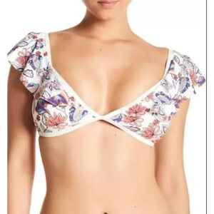 ELLA MOSS Bikini Top XS Floral Ruffle Shoulder Deep V Boho NWT